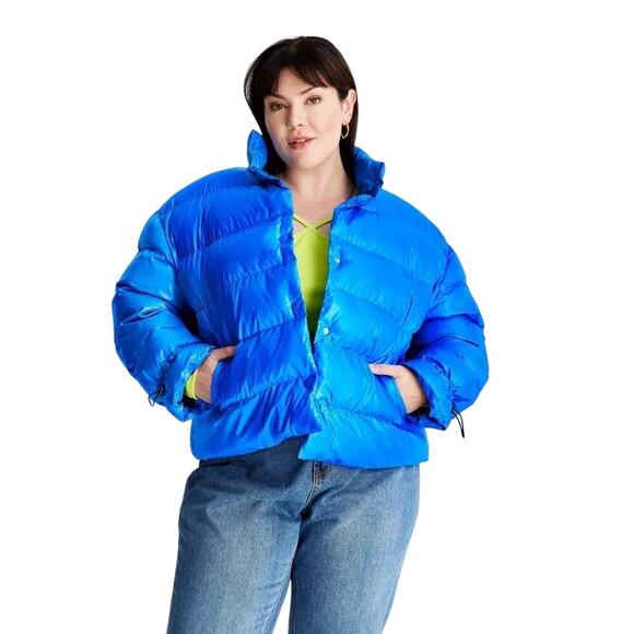 Future Collection Kahlana Barfield Brown Plus Blue Glossy Puffer Jacket Size 1X - Picture 1 of 6